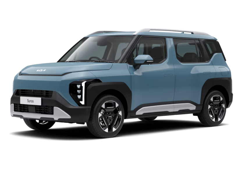 Kia Syros compact SUV in blue, front-three-quarter view